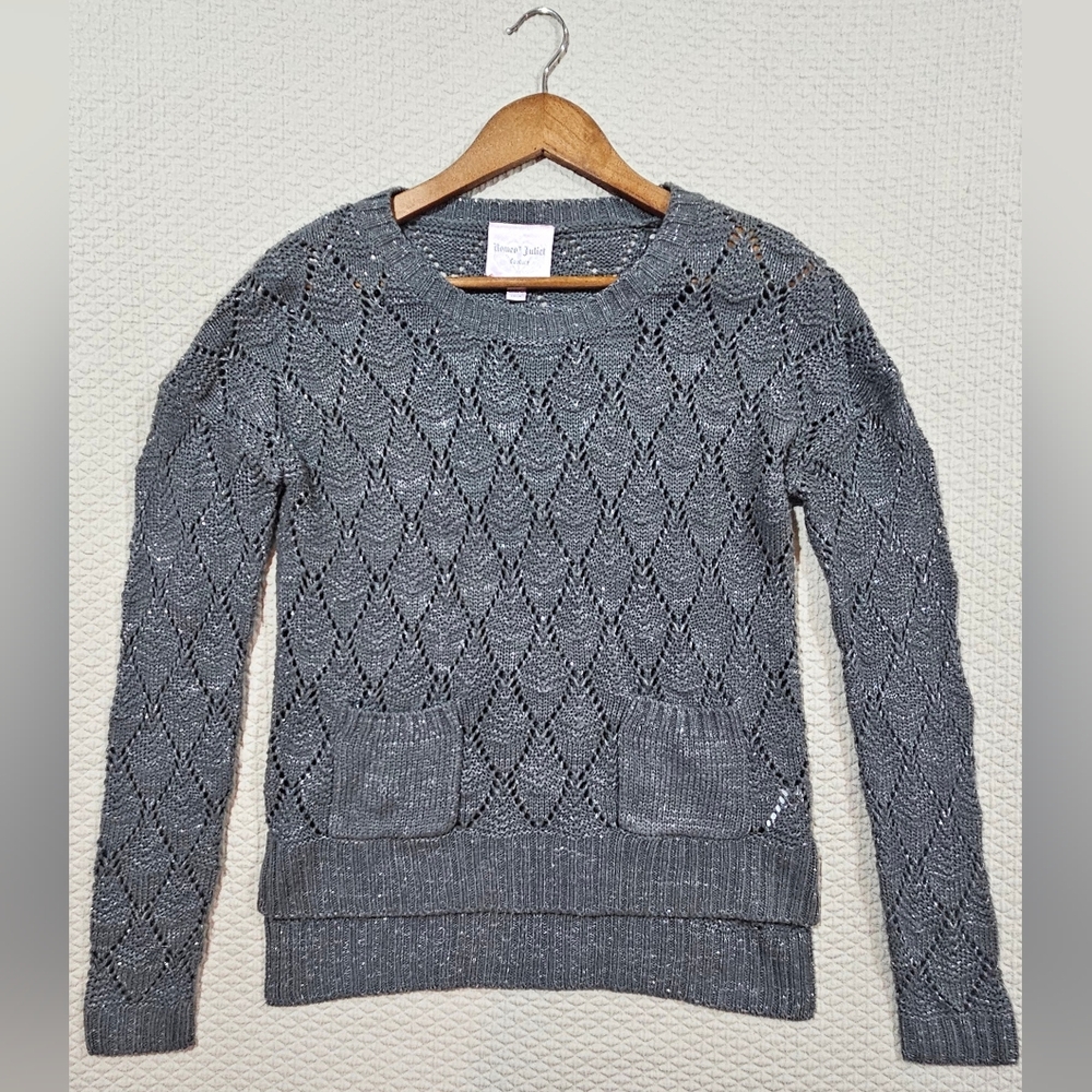 Romeo & Juliet Couture Gray & Metallic Diamond Knit Crewneck Sweater Size S